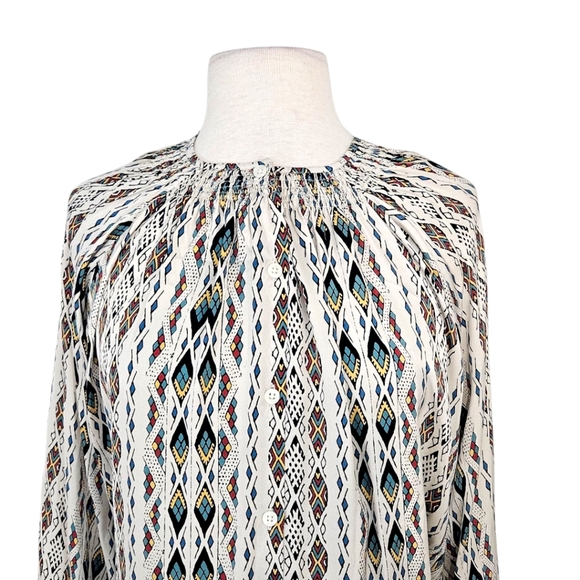 Tucker Multocolor Geometric Print Silk Boho Peasant Top - Picture 2 of 8